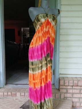 Raviya Strapless/halterTie-Dye Maxi Dress in Pink, Orange & Olive, Sz.L.